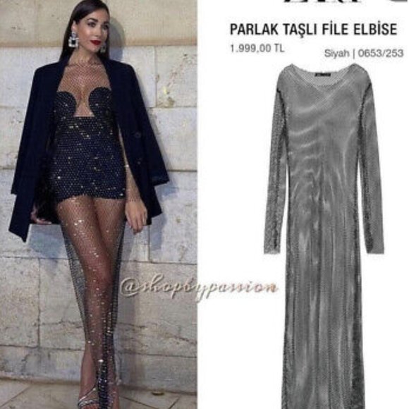 ZARA WOMAN FW22 BLACK RHINESTONE MESH DRESS S-M REF 0653/253 SMALL MEDIUM - Picture 1 of 6